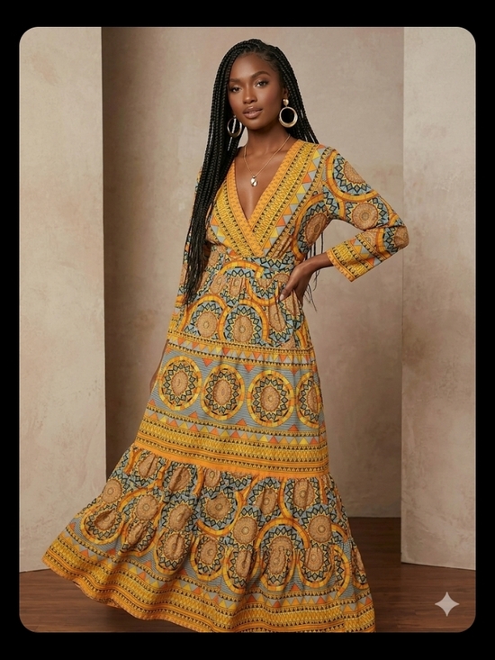 me 2 majik Dresses & Skirts - Women's Yellow tribal Patterned V-Neck Maxi Dress 19 inches p2p